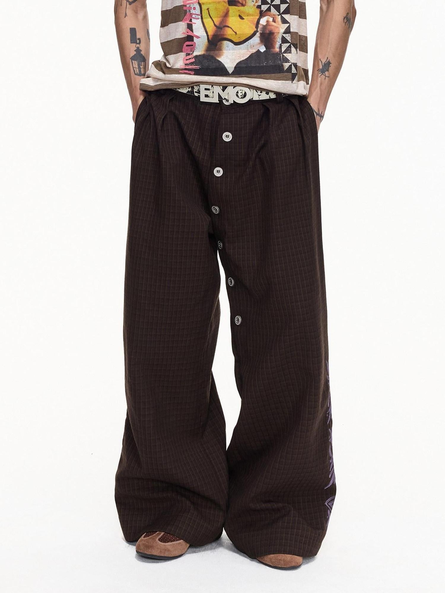 EMOBROTHER Embroidered Floral Button Fly Loose Wide Leg Casual Youth Brown Chinos