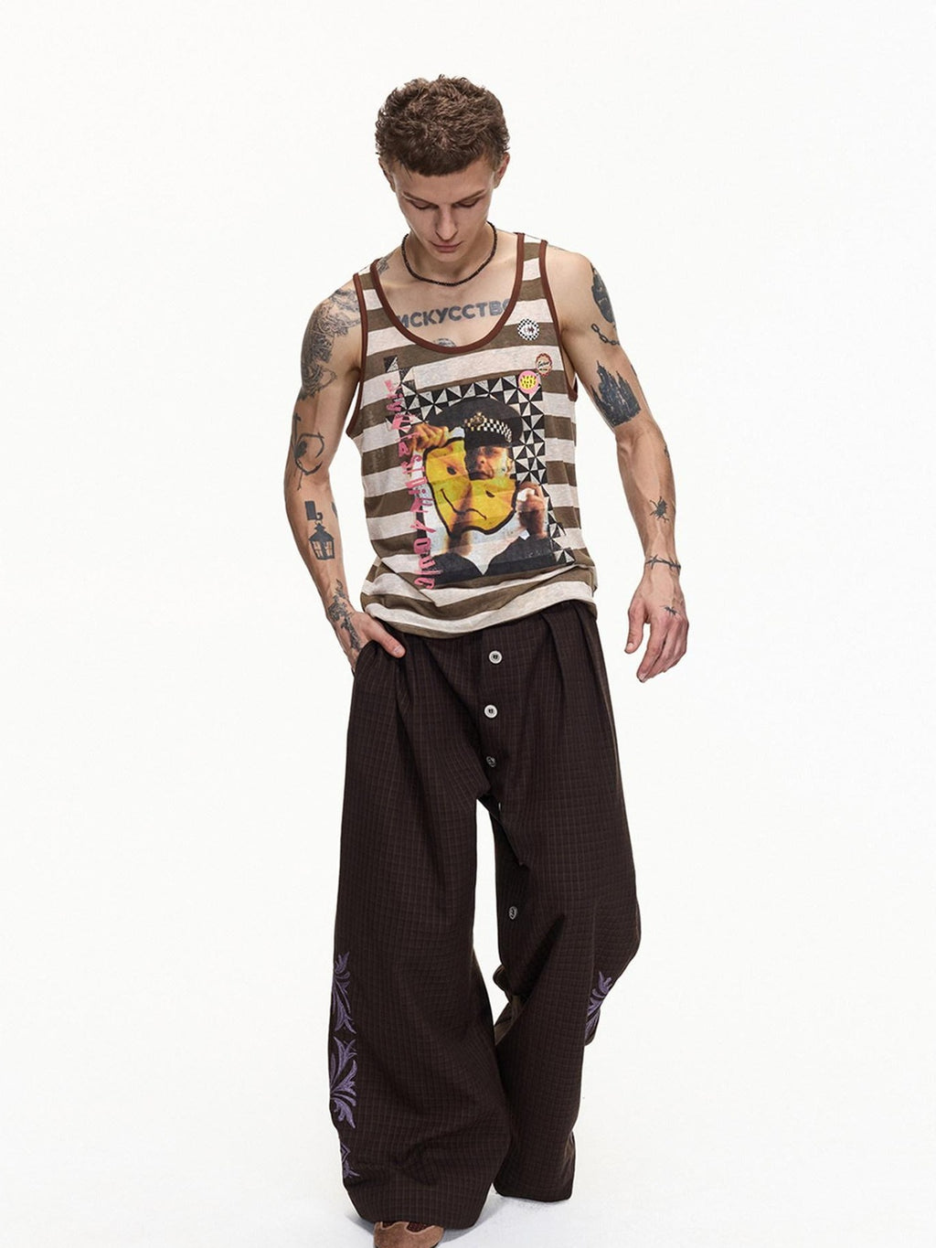 EMOBROTHER Embroidered Floral Button Fly Loose Wide Leg Casual Youth Brown Chinos