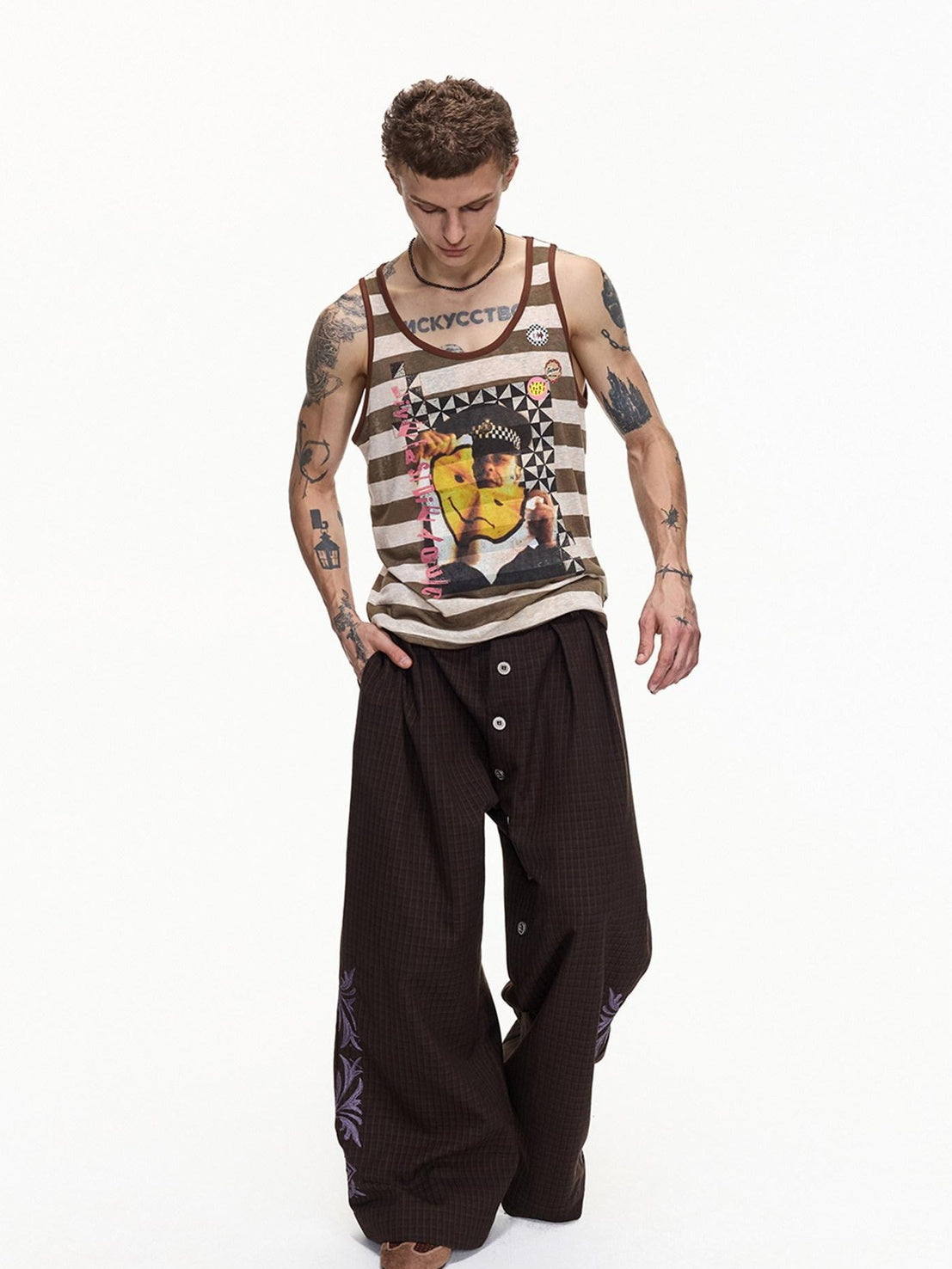 EMOBROTHER Embroidered Floral Button Fly Loose Wide Leg Casual Youth Brown Chinos