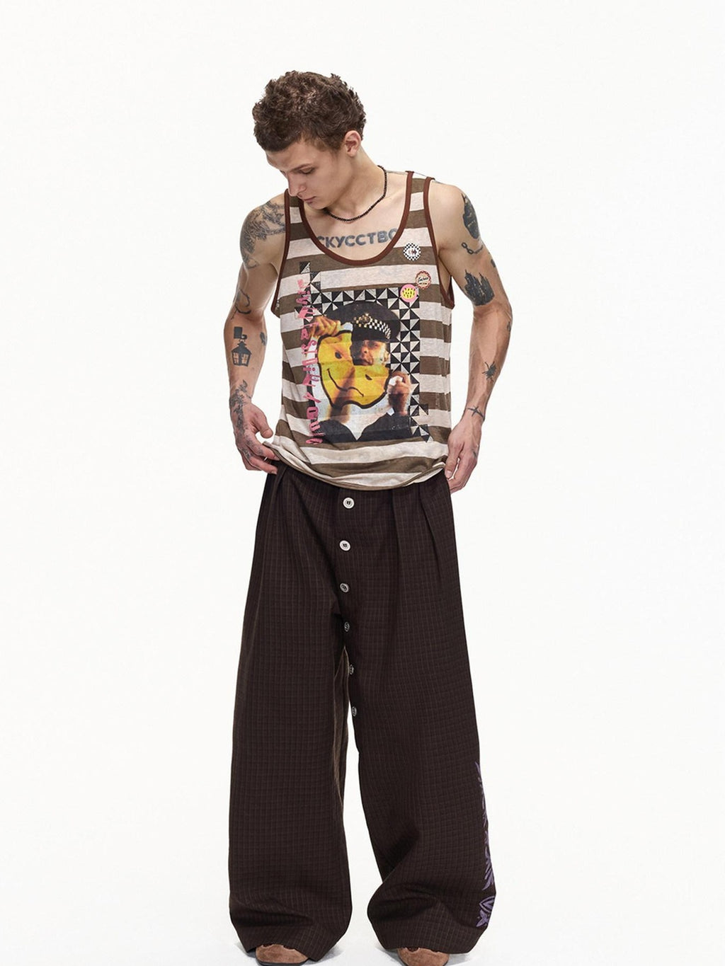 EMOBROTHER Embroidered Floral Button Fly Loose Wide Leg Casual Youth Brown Chinos