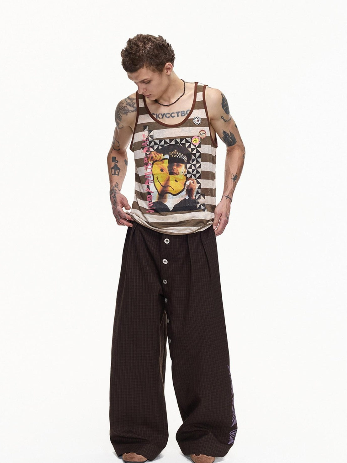 EMOBROTHER Embroidered Floral Button Fly Loose Wide Leg Casual Youth Brown Chinos
