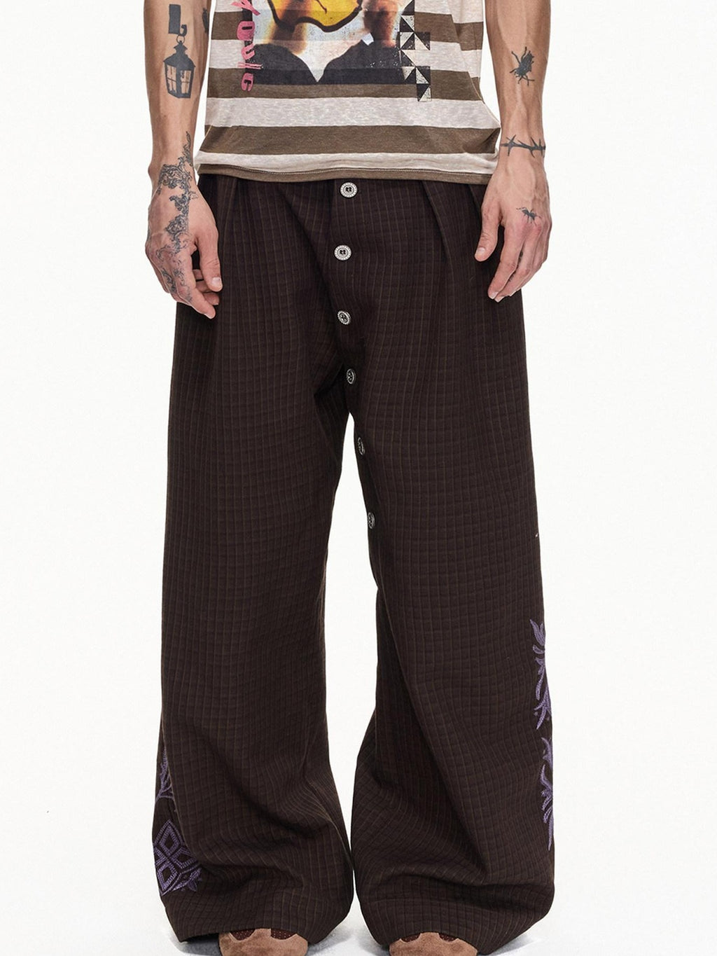 EMOBROTHER Embroidered Floral Button Fly Loose Wide Leg Casual Youth Brown Chinos