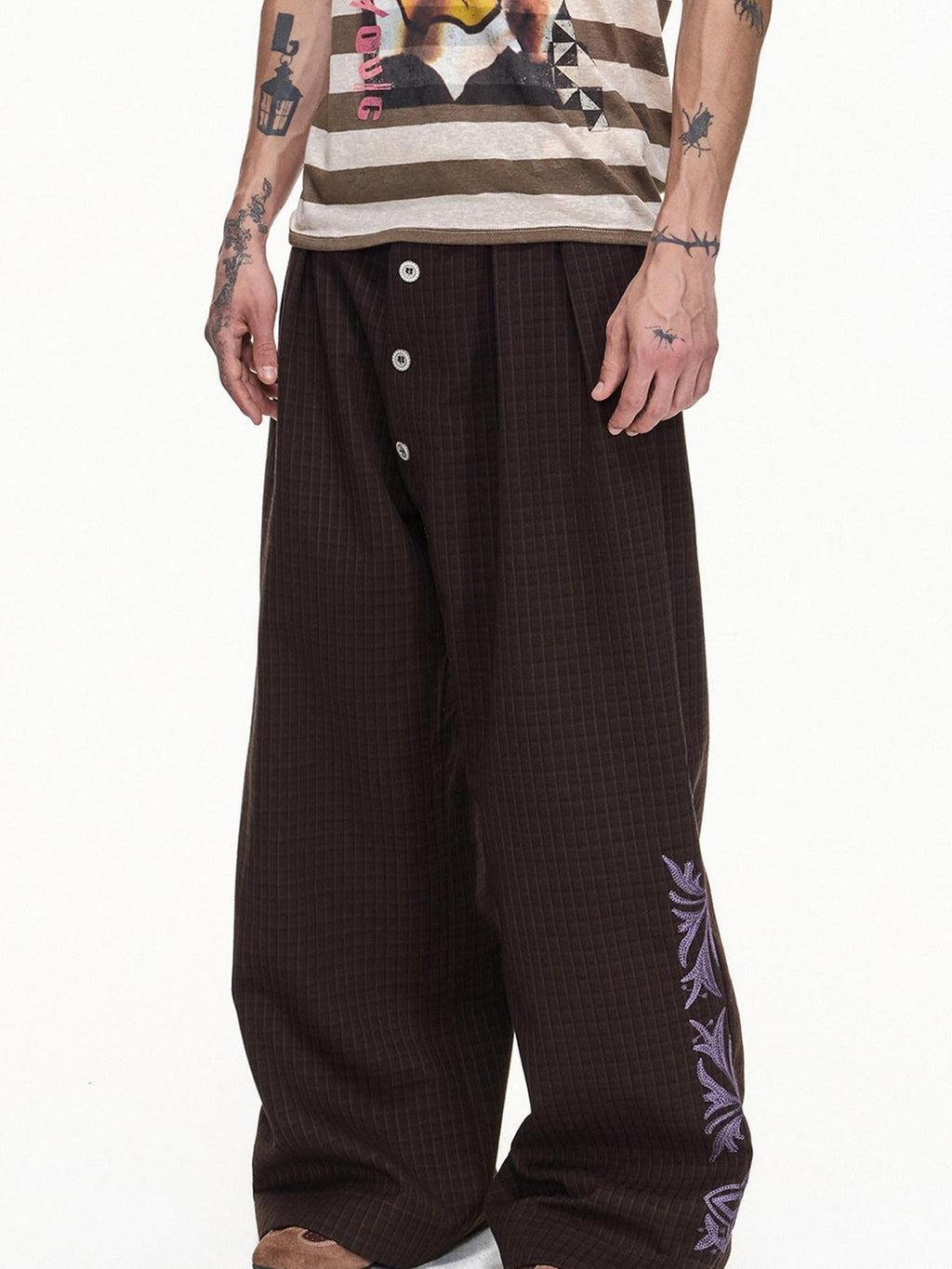EMOBROTHER Embroidered Floral Button Fly Loose Wide Leg Casual Youth Brown Chinos