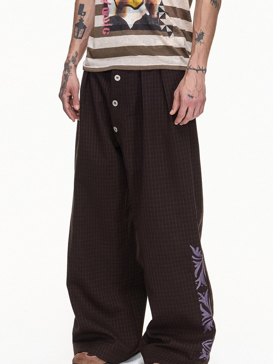 EMOBROTHER Embroidered Floral Button Fly Loose Wide Leg Casual Youth Brown Chinos