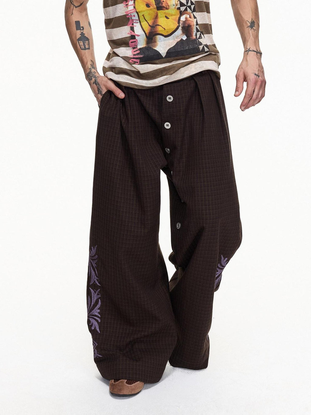 EMOBROTHER Embroidered Floral Button Fly Loose Wide Leg Casual Youth Brown Chinos