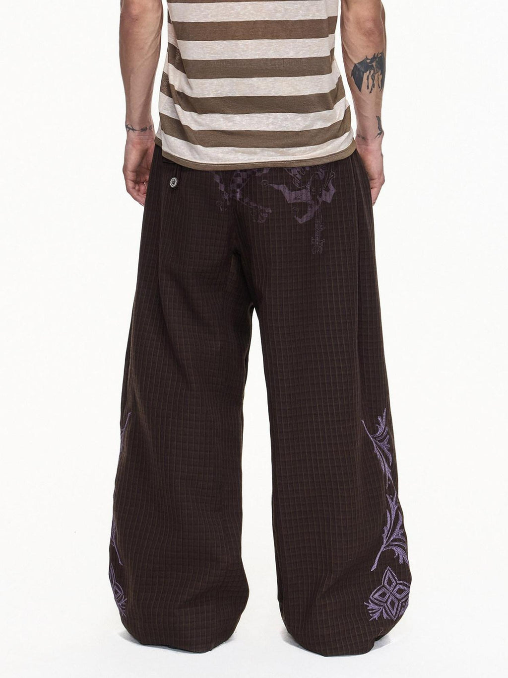 EMOBROTHER Embroidered Floral Button Fly Loose Wide Leg Casual Youth Brown Chinos