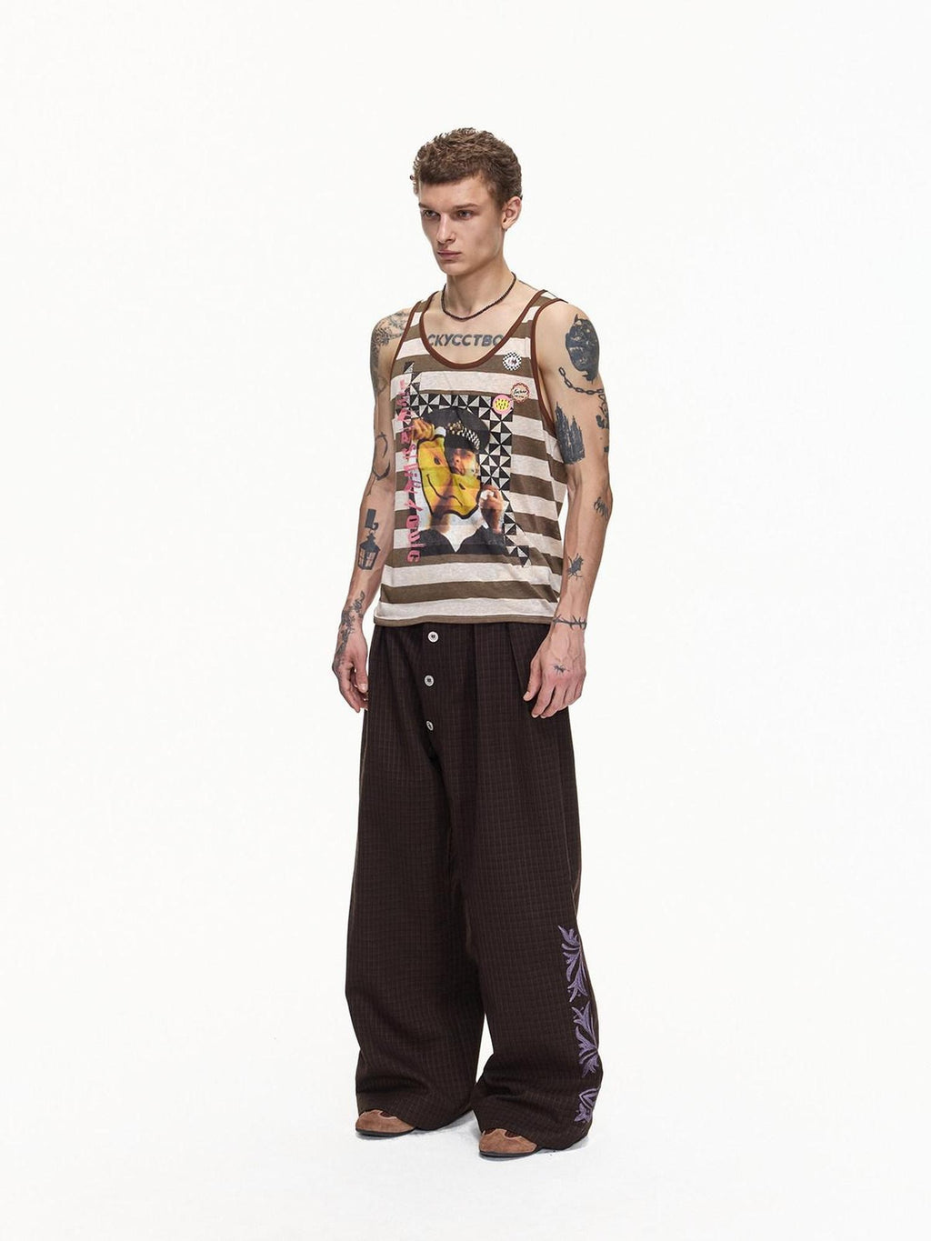 EMOBROTHER Embroidered Floral Button Fly Loose Wide Leg Casual Youth Brown Chinos