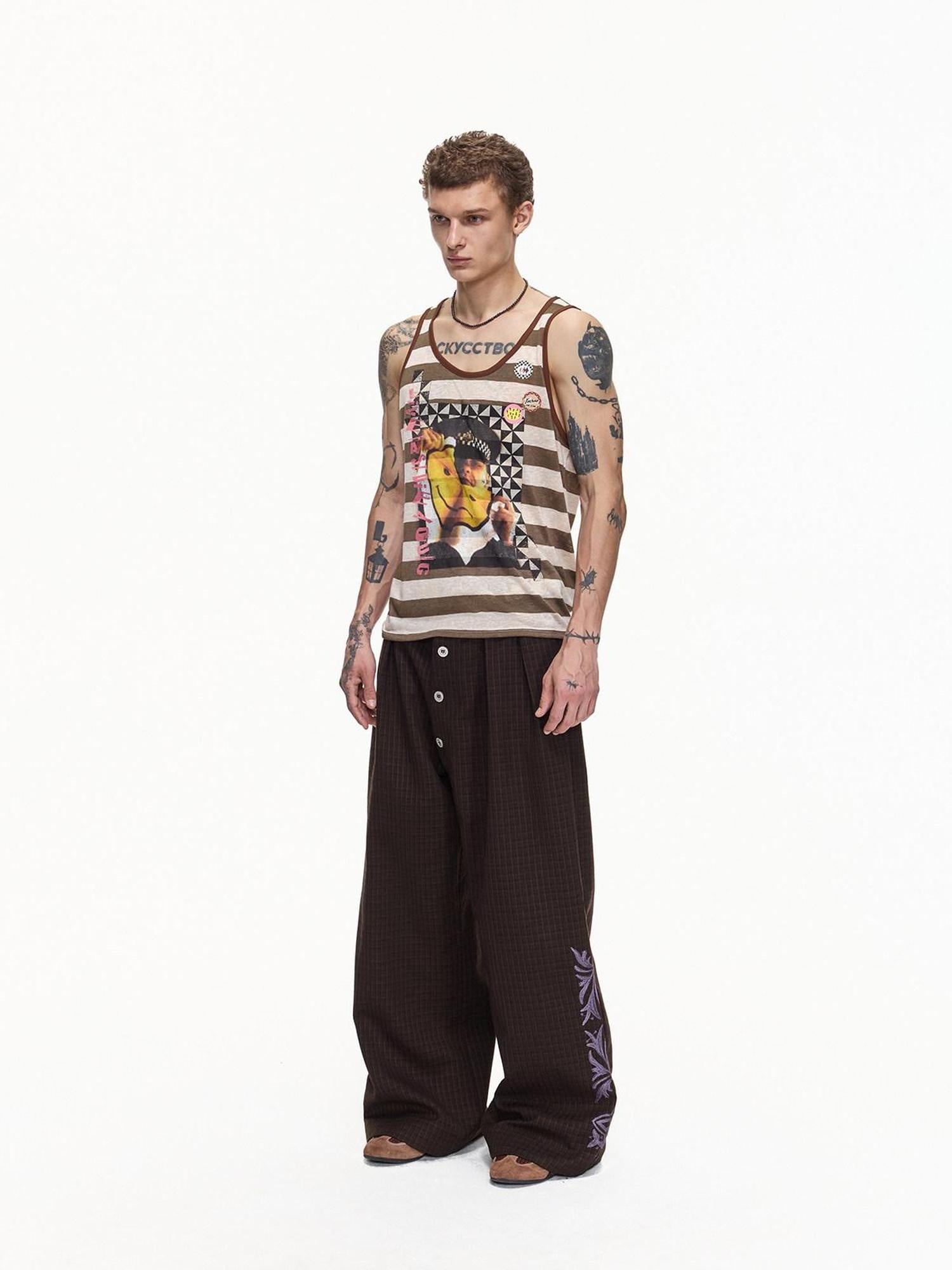 EMOBROTHER Embroidered Floral Button Fly Loose Wide Leg Casual Youth Brown Chinos