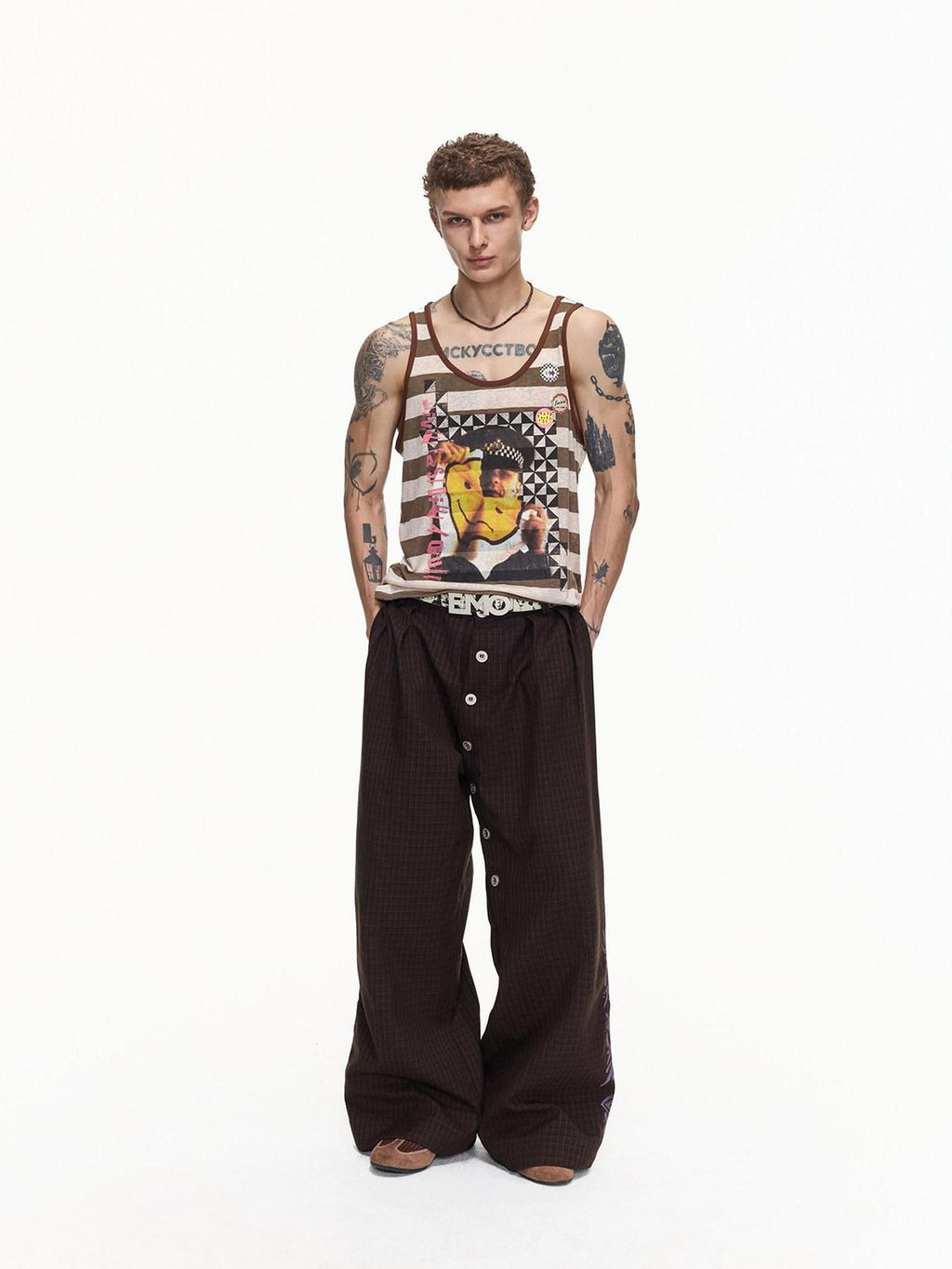 EMOBROTHER Embroidered Floral Button Fly Loose Wide Leg Casual Youth Brown Chinos