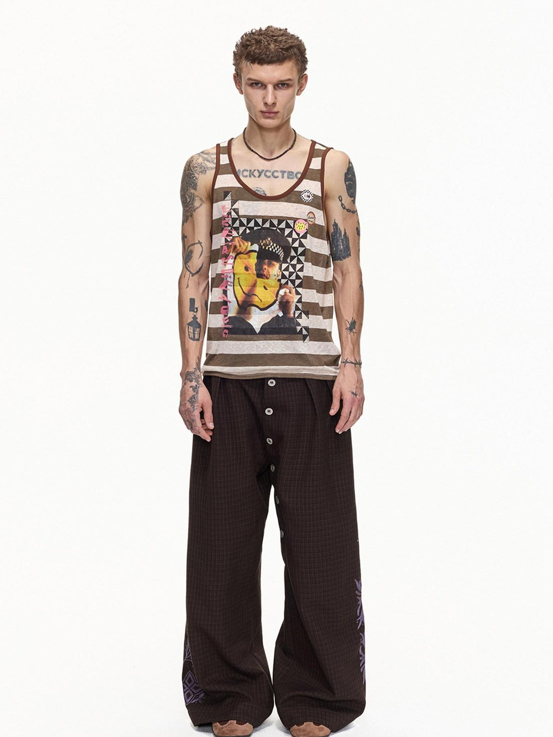 EMOBROTHER Embroidered Floral Button Fly Loose Wide Leg Casual Youth Brown Chinos