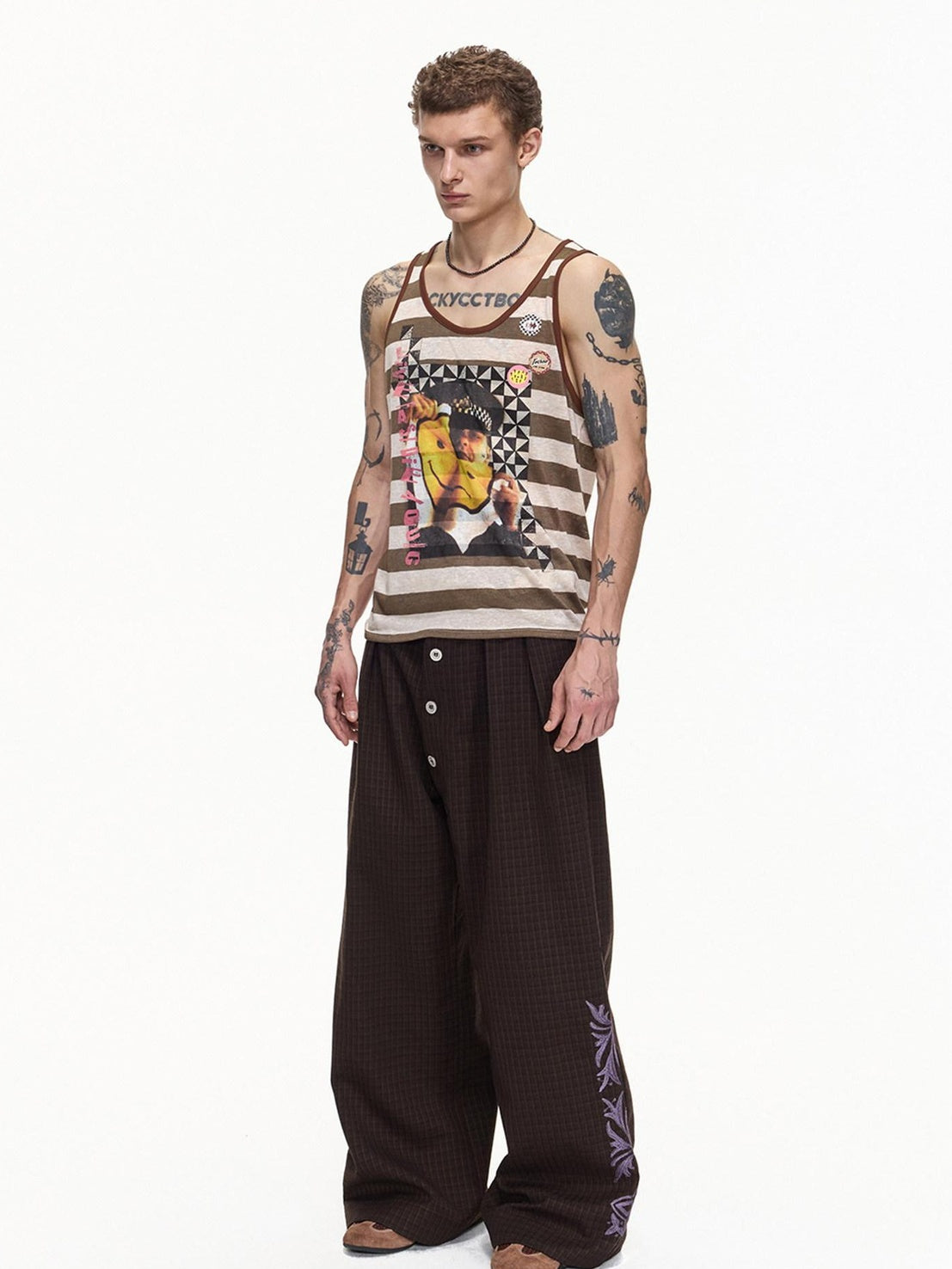 EMOBROTHER Embroidered Floral Button Fly Loose Wide Leg Casual Youth Brown Chinos