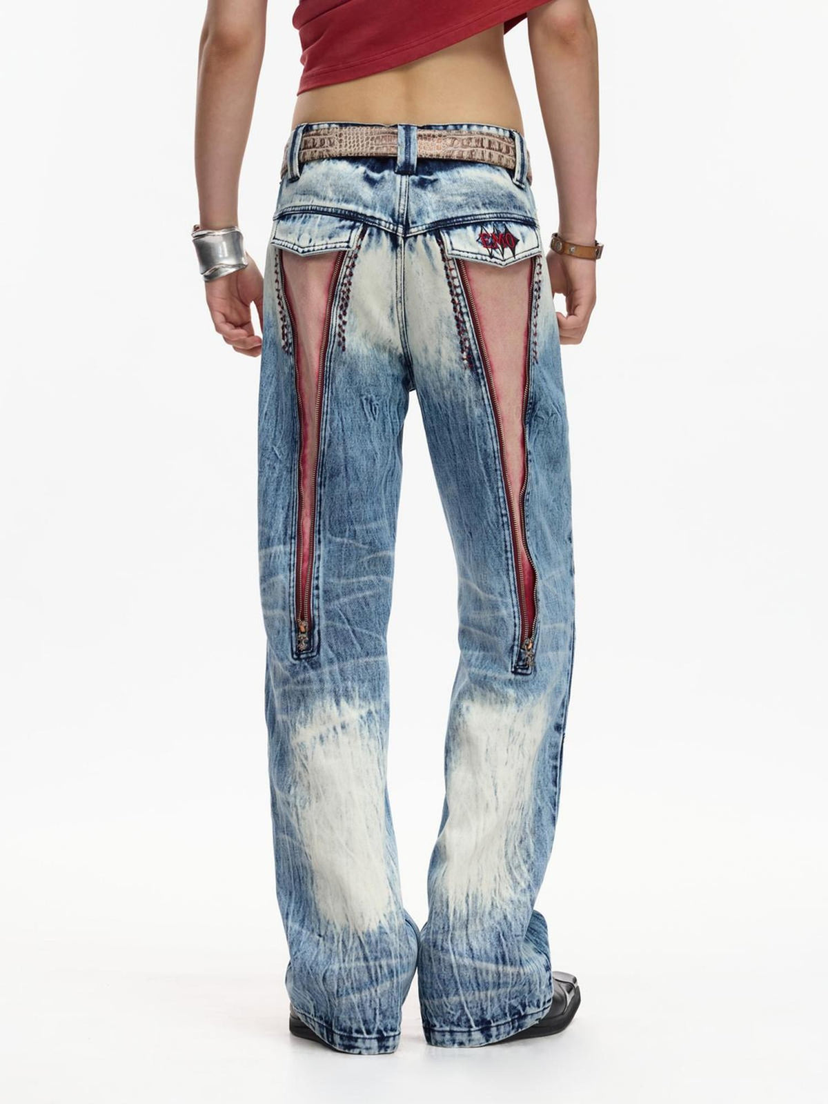 EMOBROTHER Embroidered Geometric Heavy Wash Deconstructed Color Block Women's Cotton Straight Jeans