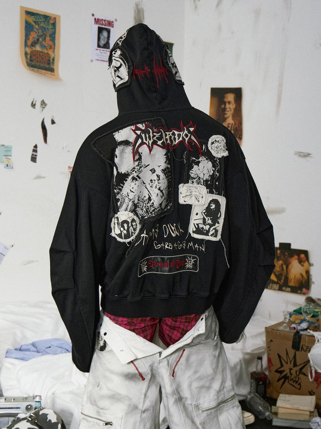 EMOBROTHER Embroidered Oversized Youth Pop Unisex Casual Cartoon Zip Side Pocket Hoodies