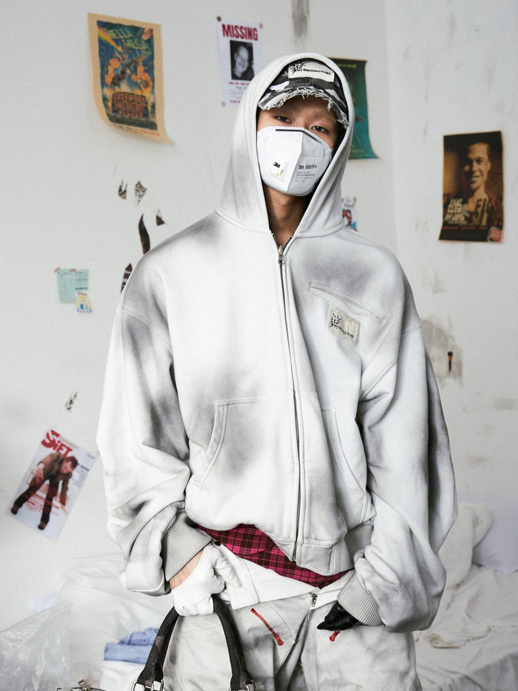 EMOBROTHER Embroidered Oversized Youth Pop Unisex Casual Cartoon Zip Side Pocket Hoodies