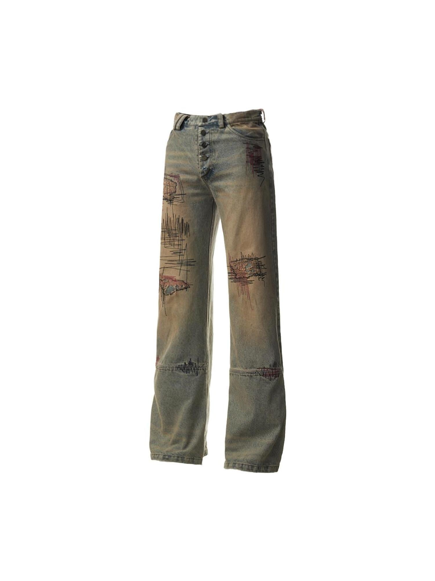 EMOBROTHER Embroidered Ripped Mid Rise Washed Cotton Durable Youth Relaxed Straight Jeans