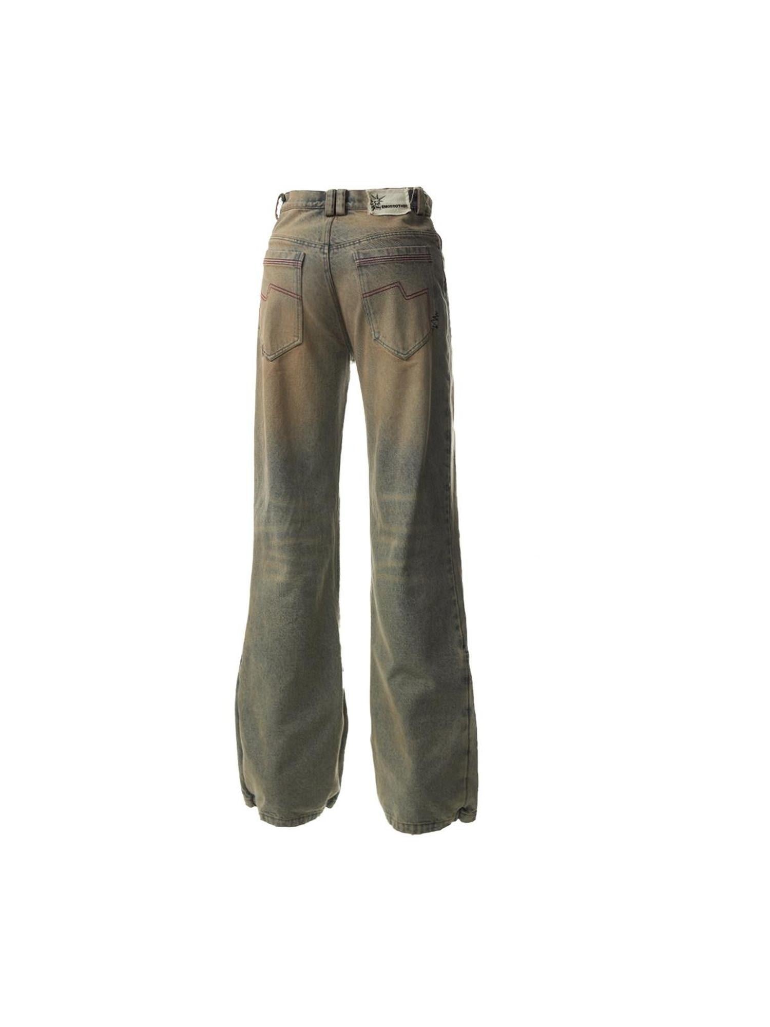 EMOBROTHER Embroidered Ripped Mid Rise Washed Cotton Durable Youth Relaxed Straight Jeans