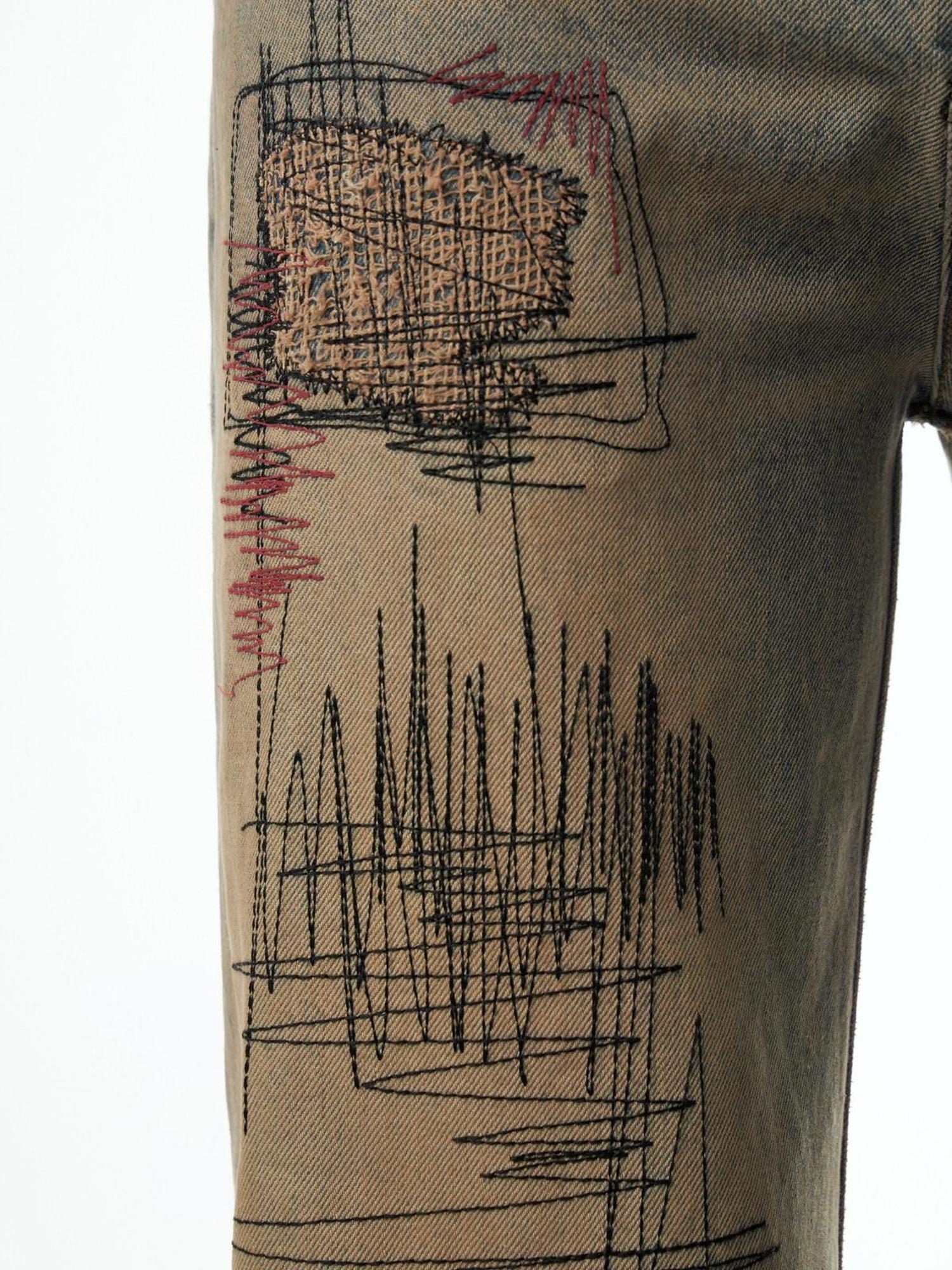 EMOBROTHER Embroidered Ripped Mid Rise Washed Cotton Durable Youth Relaxed Straight Jeans