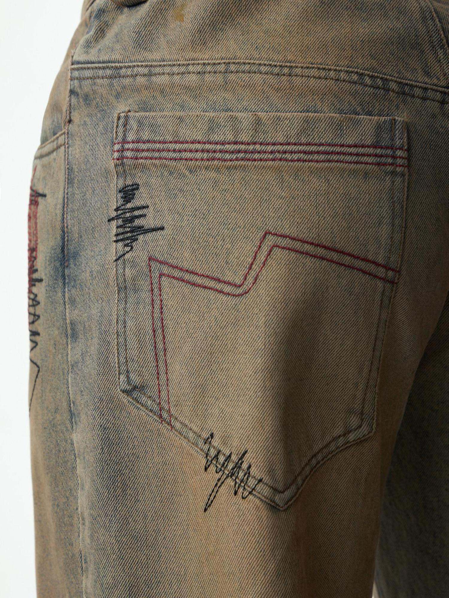 EMOBROTHER Embroidered Ripped Mid Rise Washed Cotton Durable Youth Relaxed Straight Jeans