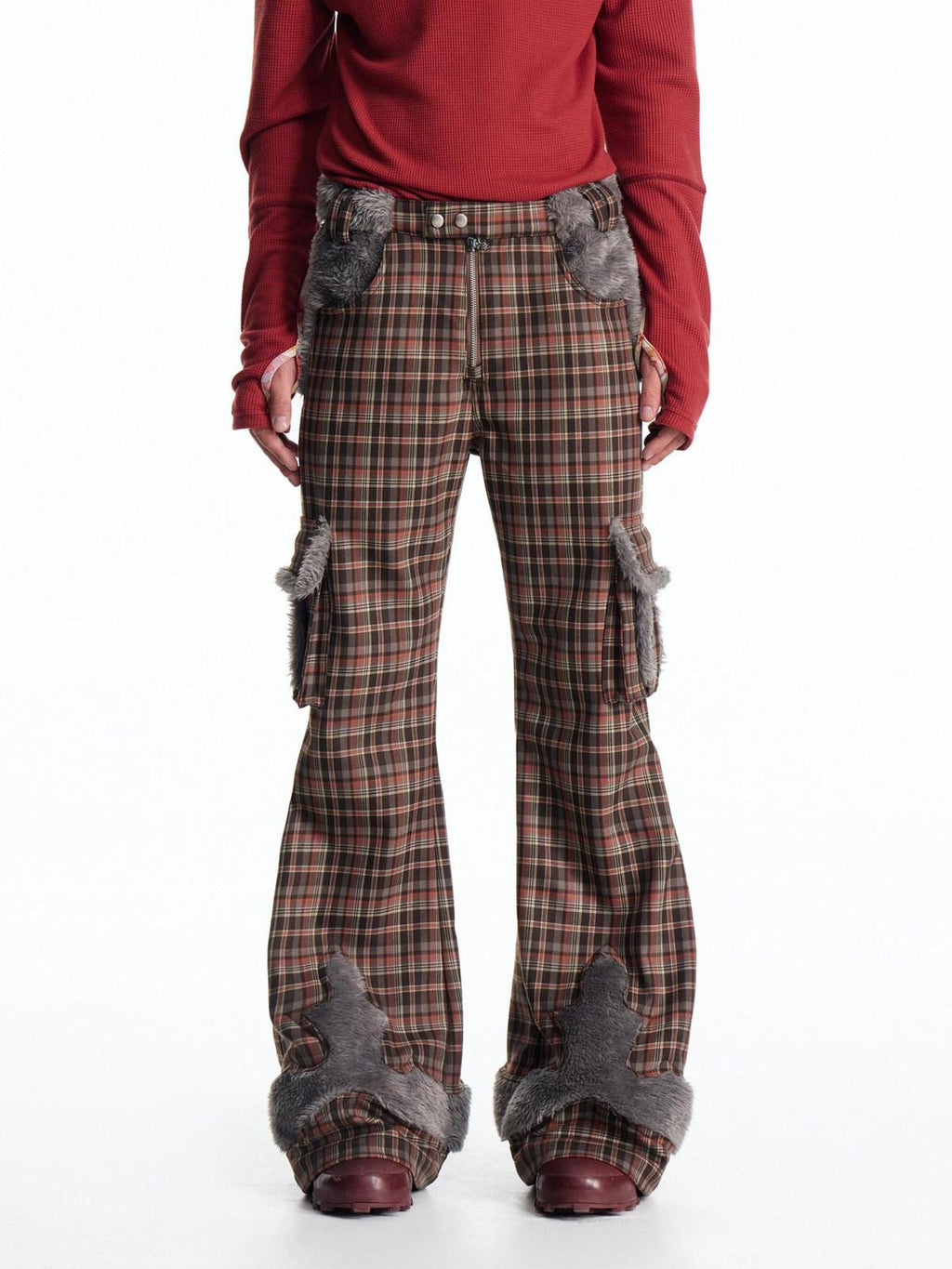 EMOBROTHER Embroidered Slim Straight Leg Casual Youth Polyester Brown Plaid Zipper Chinos