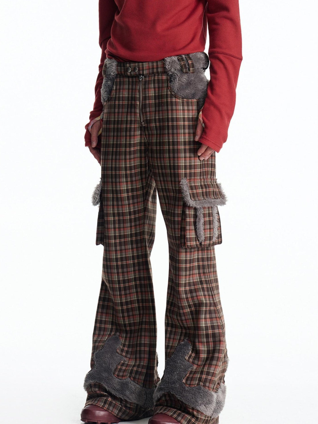 EMOBROTHER Embroidered Slim Straight Leg Casual Youth Polyester Brown Plaid Zipper Chinos
