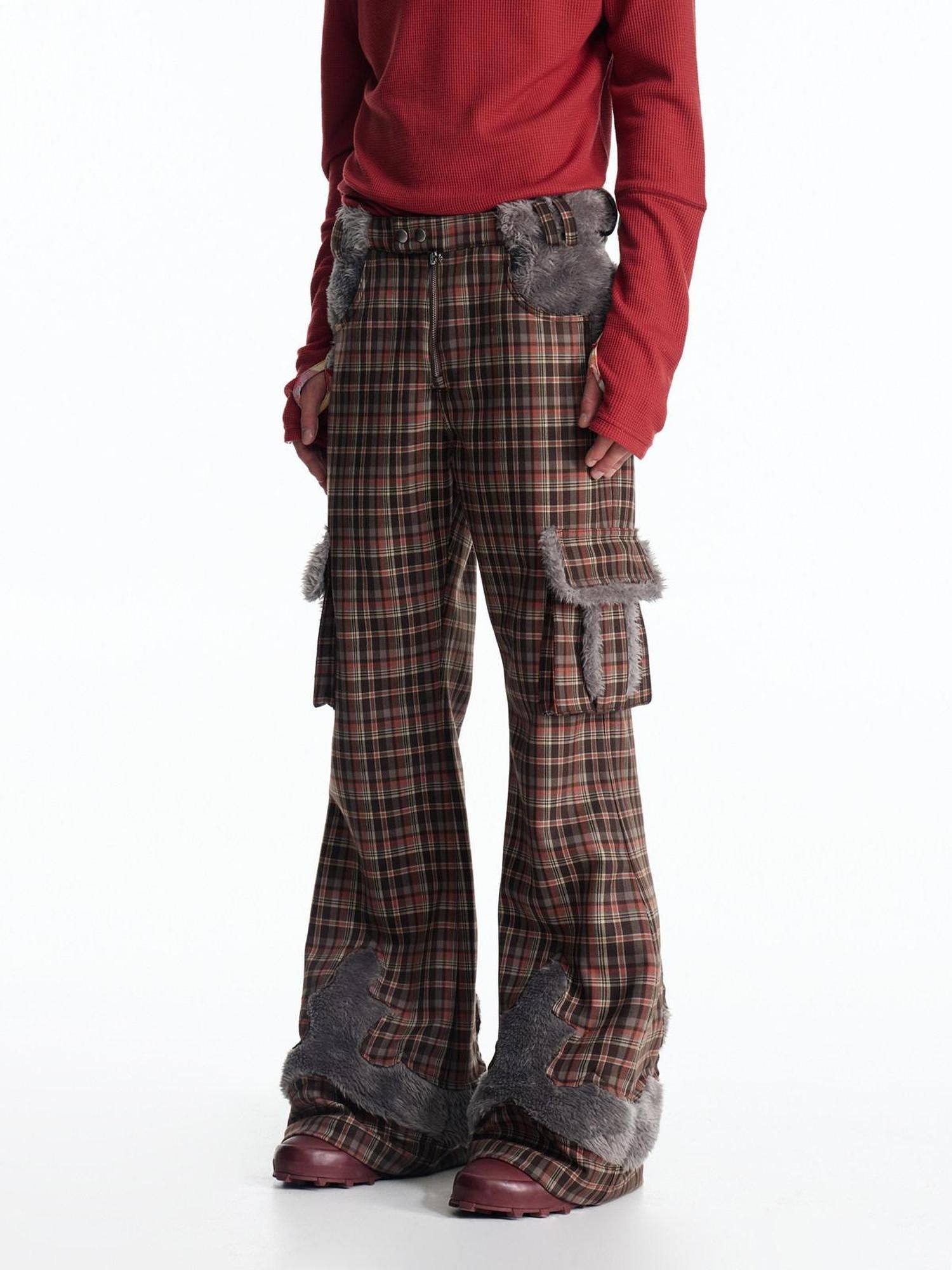 EMOBROTHER Embroidered Slim Straight Leg Casual Youth Polyester Brown Plaid Zipper Chinos