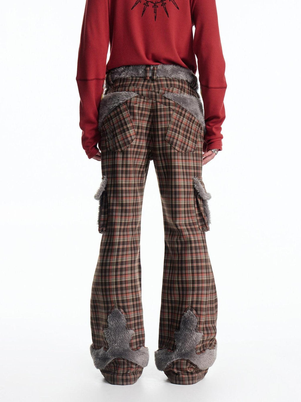 EMOBROTHER Embroidered Slim Straight Leg Casual Youth Polyester Brown Plaid Zipper Chinos