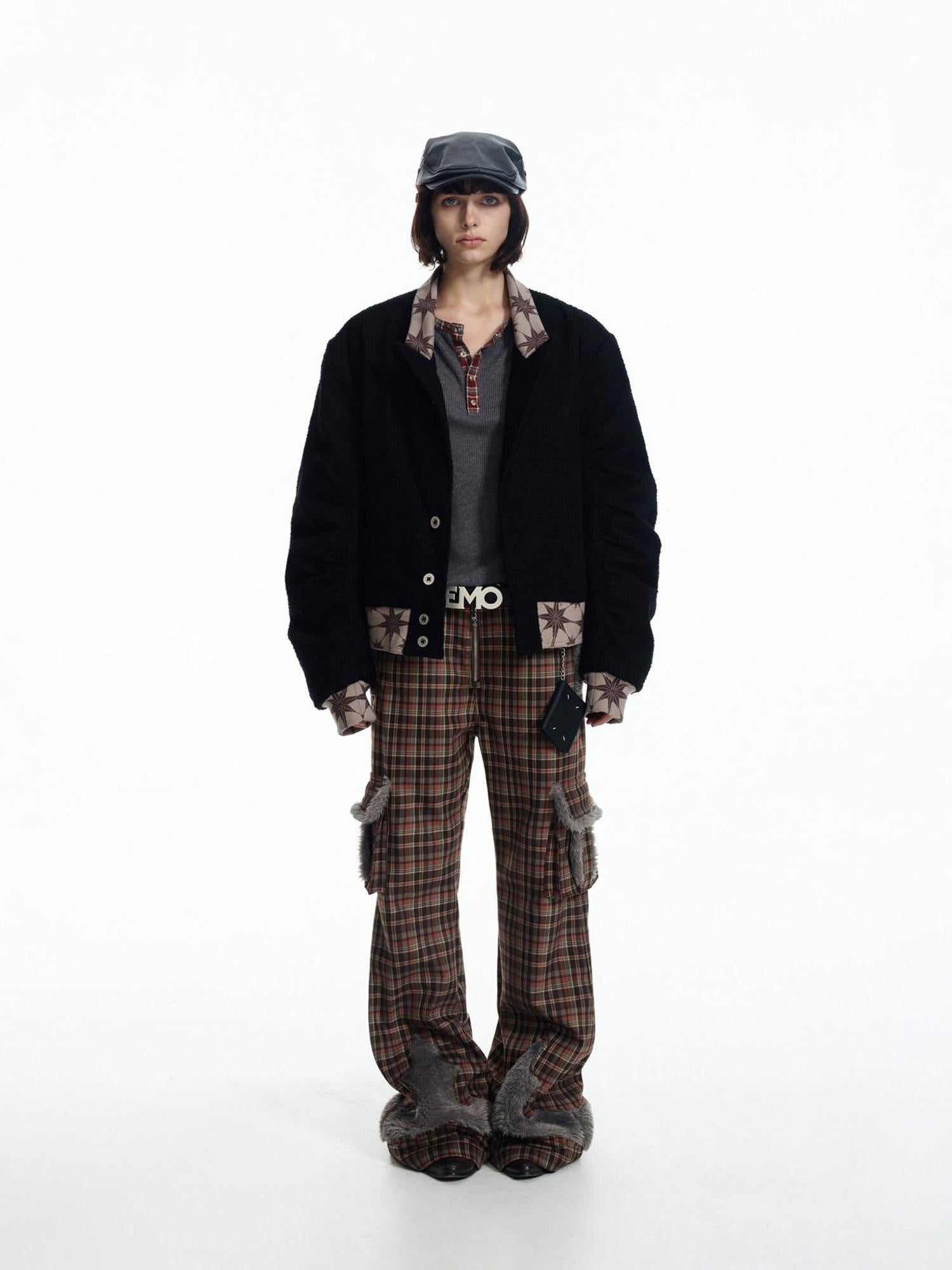 EMOBROTHER Embroidered Slim Straight Leg Casual Youth Polyester Brown Plaid Zipper Chinos