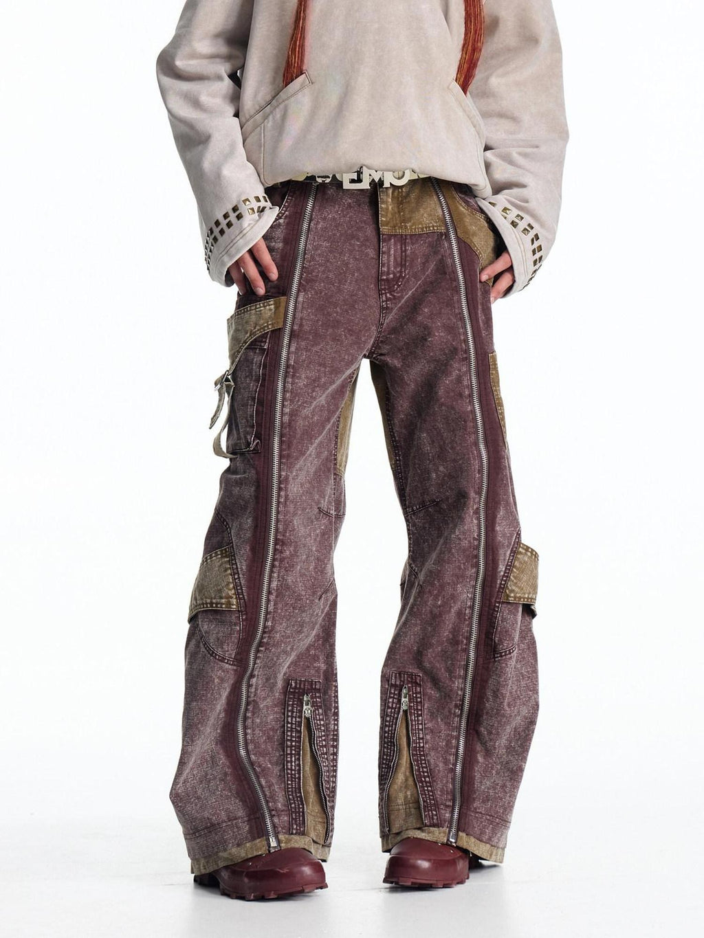 EMOBROTHER Embroidered Vintage Loose Mid Waist Micro Stretch Burgundy Tencel Wide-Leg Pants