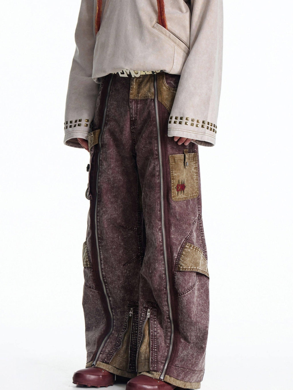 EMOBROTHER Embroidered Vintage Loose Mid Waist Micro Stretch Burgundy Tencel Wide-Leg Pants