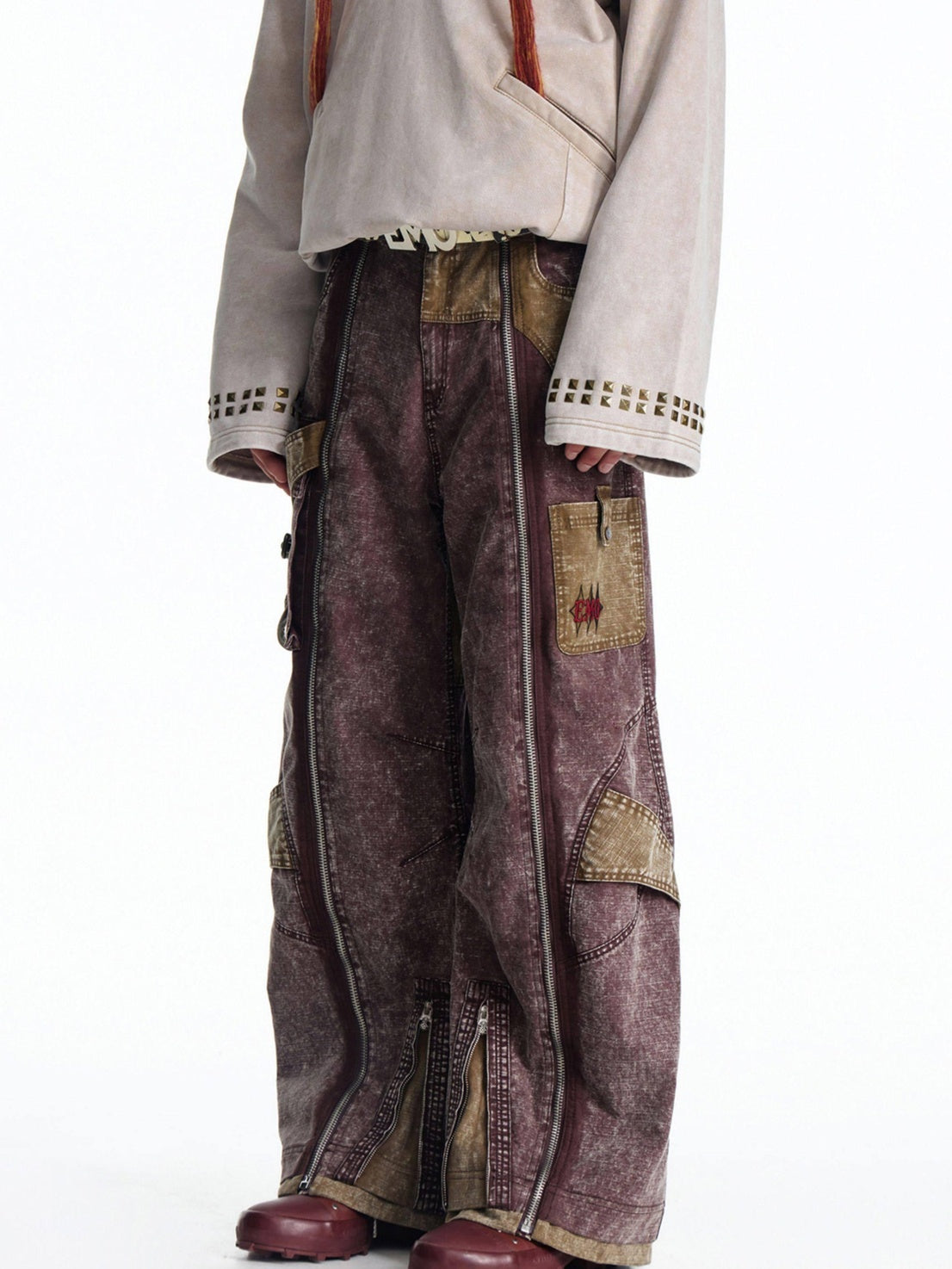 EMOBROTHER Embroidered Vintage Loose Mid Waist Micro Stretch Burgundy Tencel Wide-Leg Pants