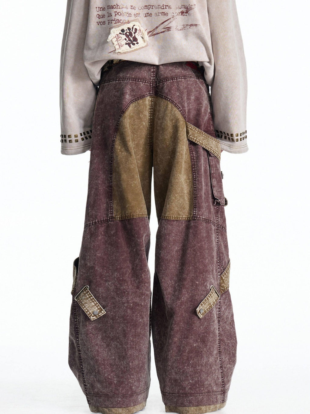 EMOBROTHER Embroidered Vintage Loose Mid Waist Micro Stretch Burgundy Tencel Wide-Leg Pants