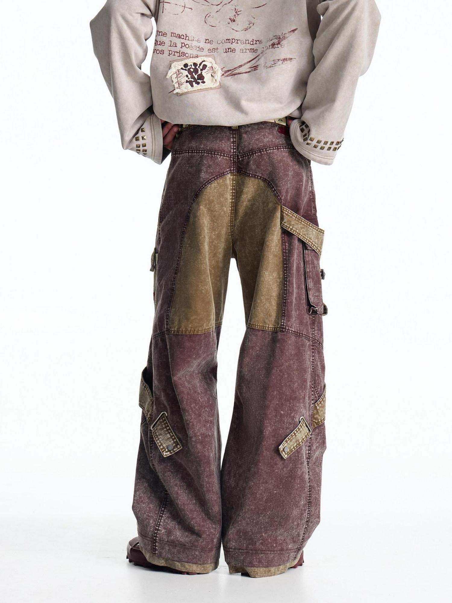 EMOBROTHER Embroidered Vintage Loose Mid Waist Micro Stretch Burgundy Tencel Wide-Leg Pants