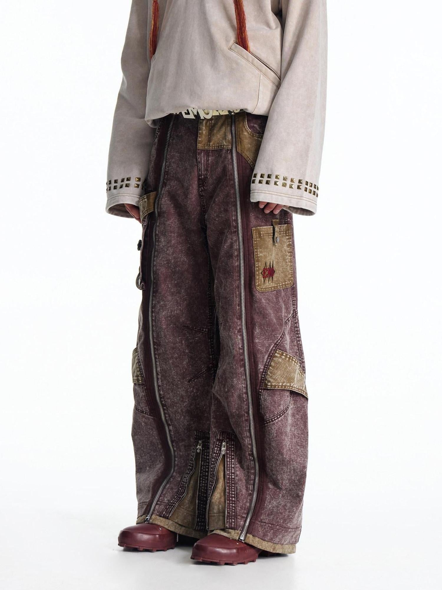 EMOBROTHER Embroidered Vintage Loose Mid Waist Micro Stretch Burgundy Tencel Wide-Leg Pants