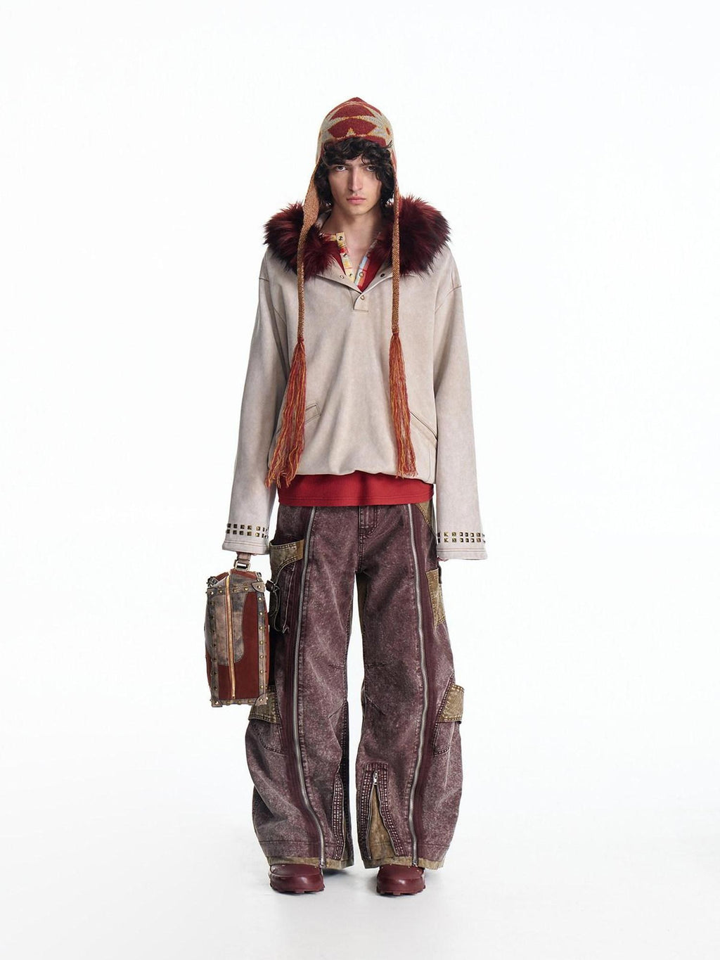 EMOBROTHER Embroidered Vintage Loose Mid Waist Micro Stretch Burgundy Tencel Wide-Leg Pants