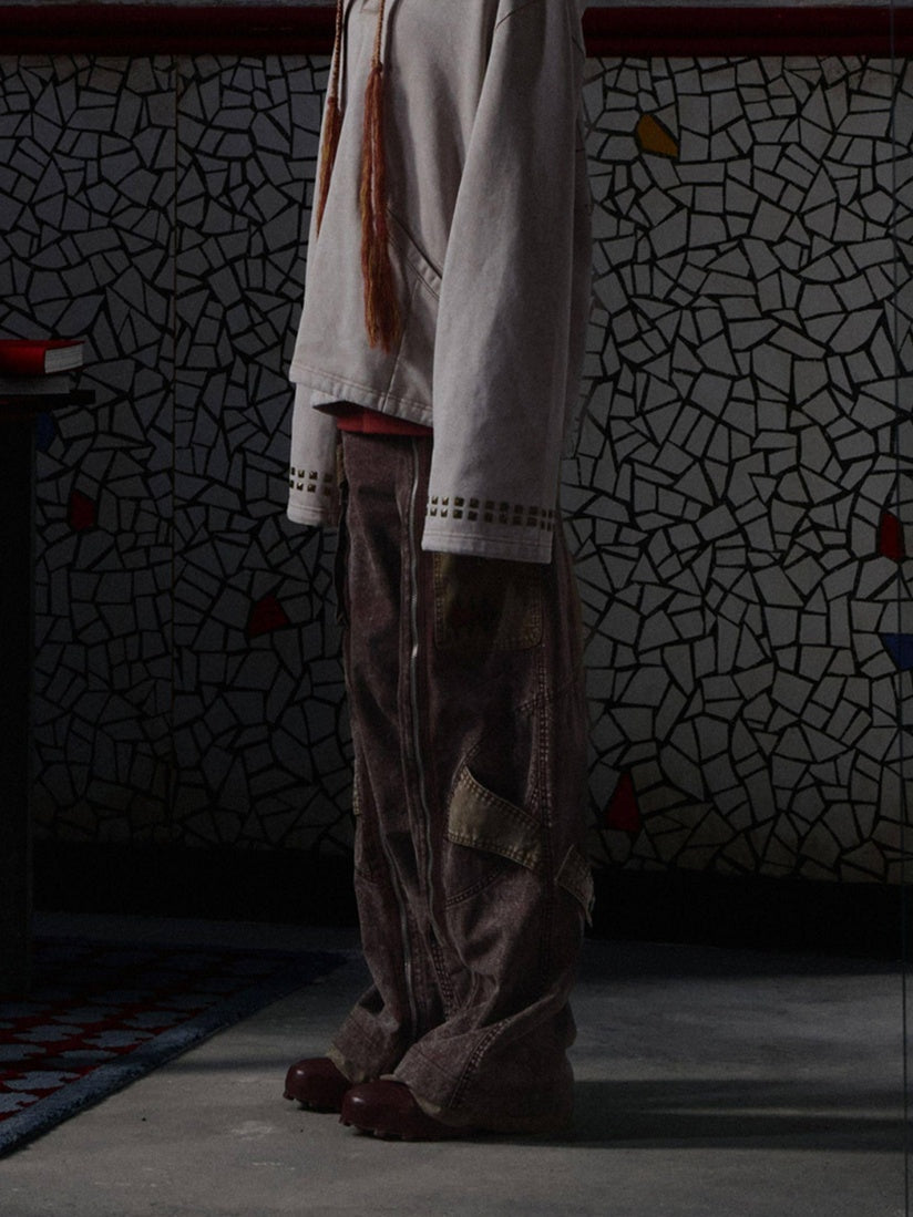 EMOBROTHER Embroidered Vintage Loose Mid Waist Micro Stretch Burgundy Tencel Wide-Leg Pants