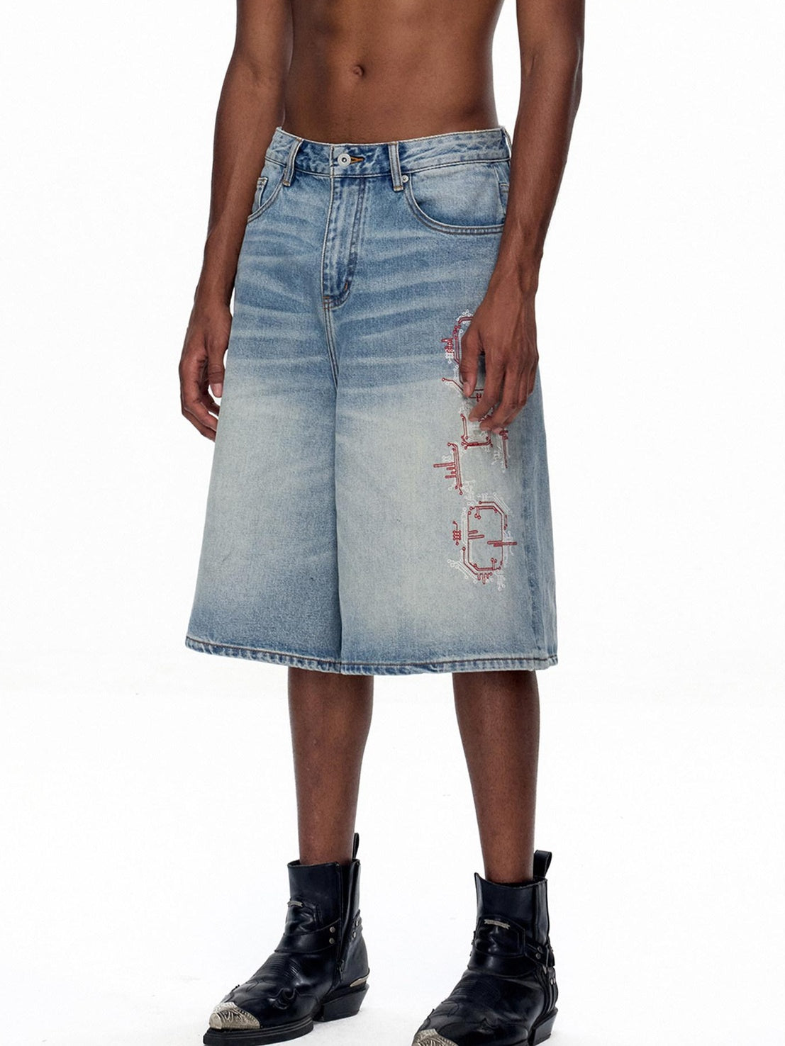 EMOBROTHER Embroidered Washed Mid High Waist Loose Straight Casual Cotton Wide-Leg Jeans