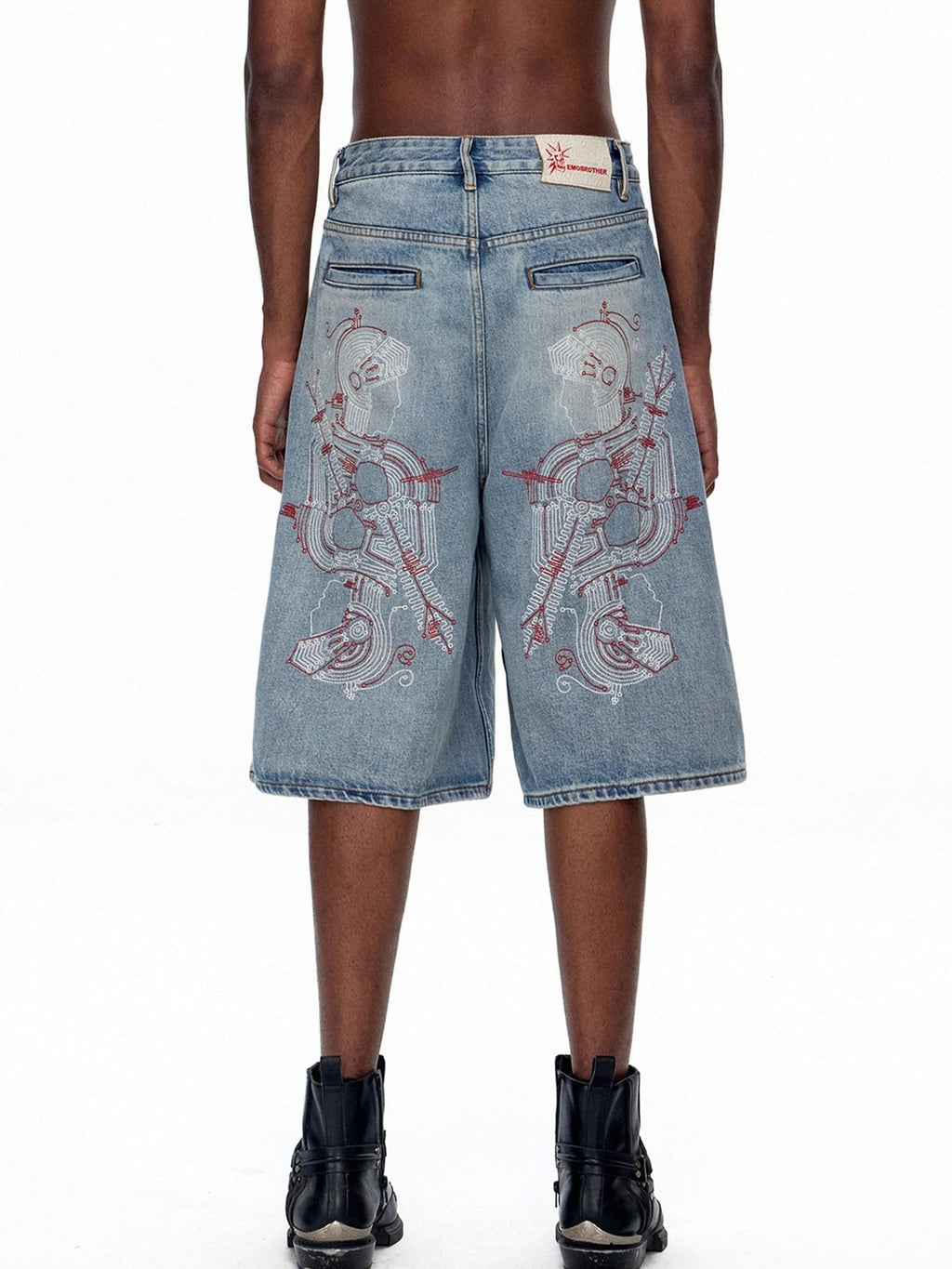 EMOBROTHER Embroidered Washed Mid High Waist Loose Straight Casual Cotton Wide-Leg Jeans