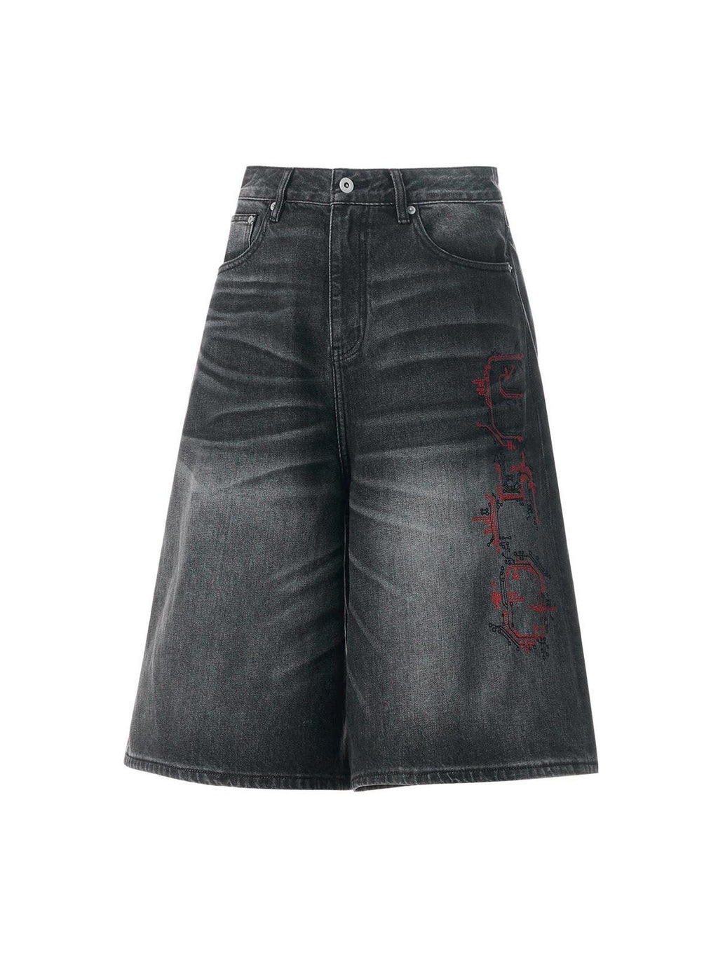 EMOBROTHER Embroidered Washed Mid High Waist Loose Straight Casual Cotton Wide-Leg Jeans