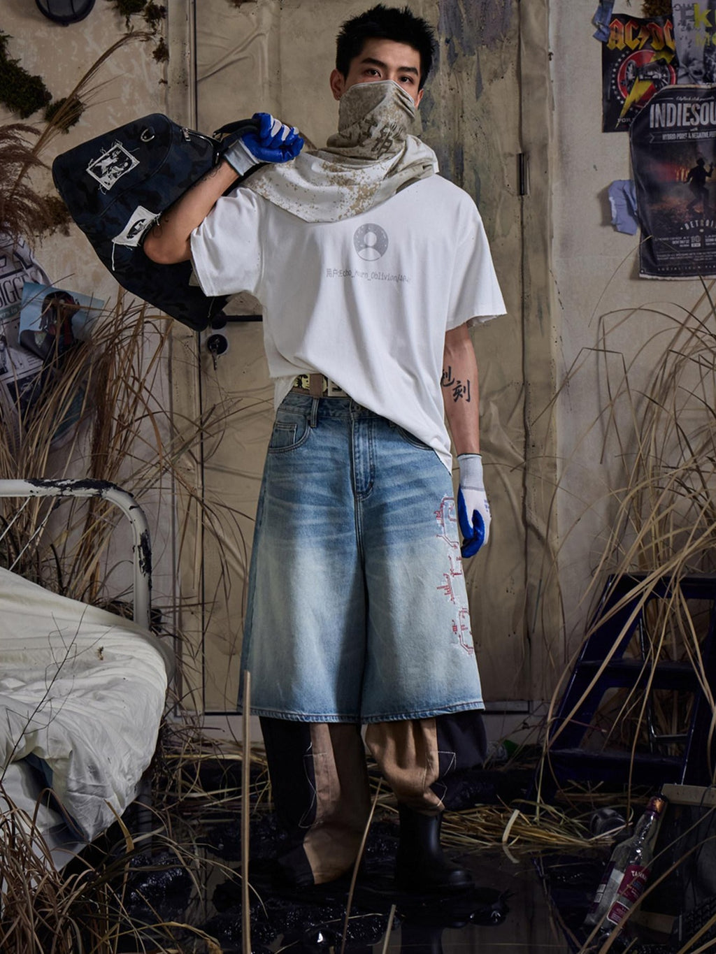EMOBROTHER Embroidered Washed Mid High Waist Loose Straight Casual Cotton Wide-Leg Jeans