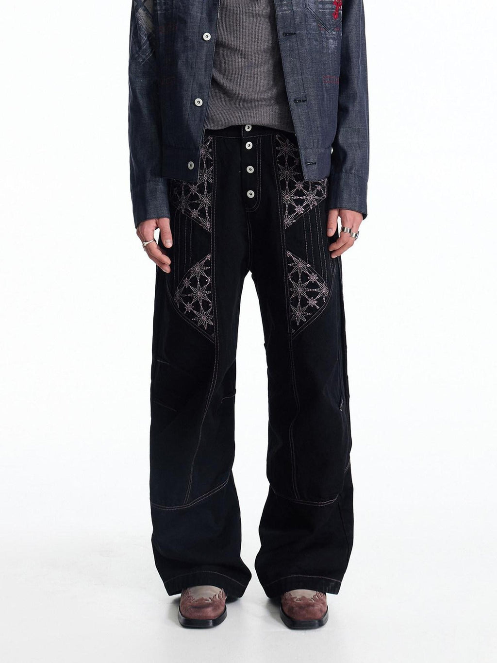 EMOBROTHER Geometric Embroidered Mid Rise Slim Fit Casual Cotton Black Straight Jeans