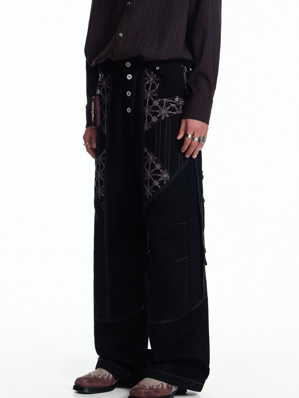 EMOBROTHER Geometric Embroidered Mid Rise Slim Fit Casual Cotton Black Straight Jeans
