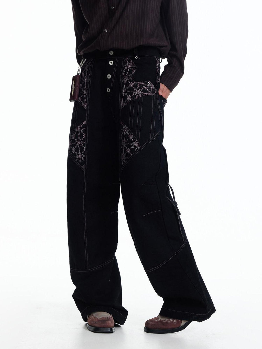 EMOBROTHER Geometric Embroidered Mid Rise Slim Fit Casual Cotton Black Straight Jeans