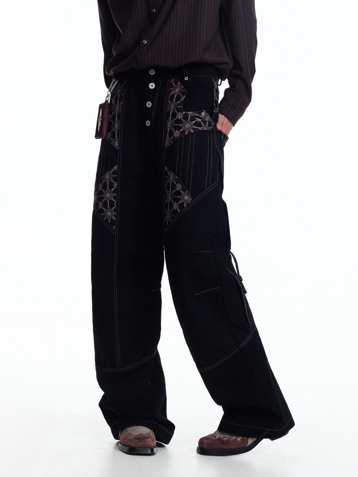 EMOBROTHER Geometric Embroidered Mid Rise Slim Fit Casual Cotton Black Straight Jeans