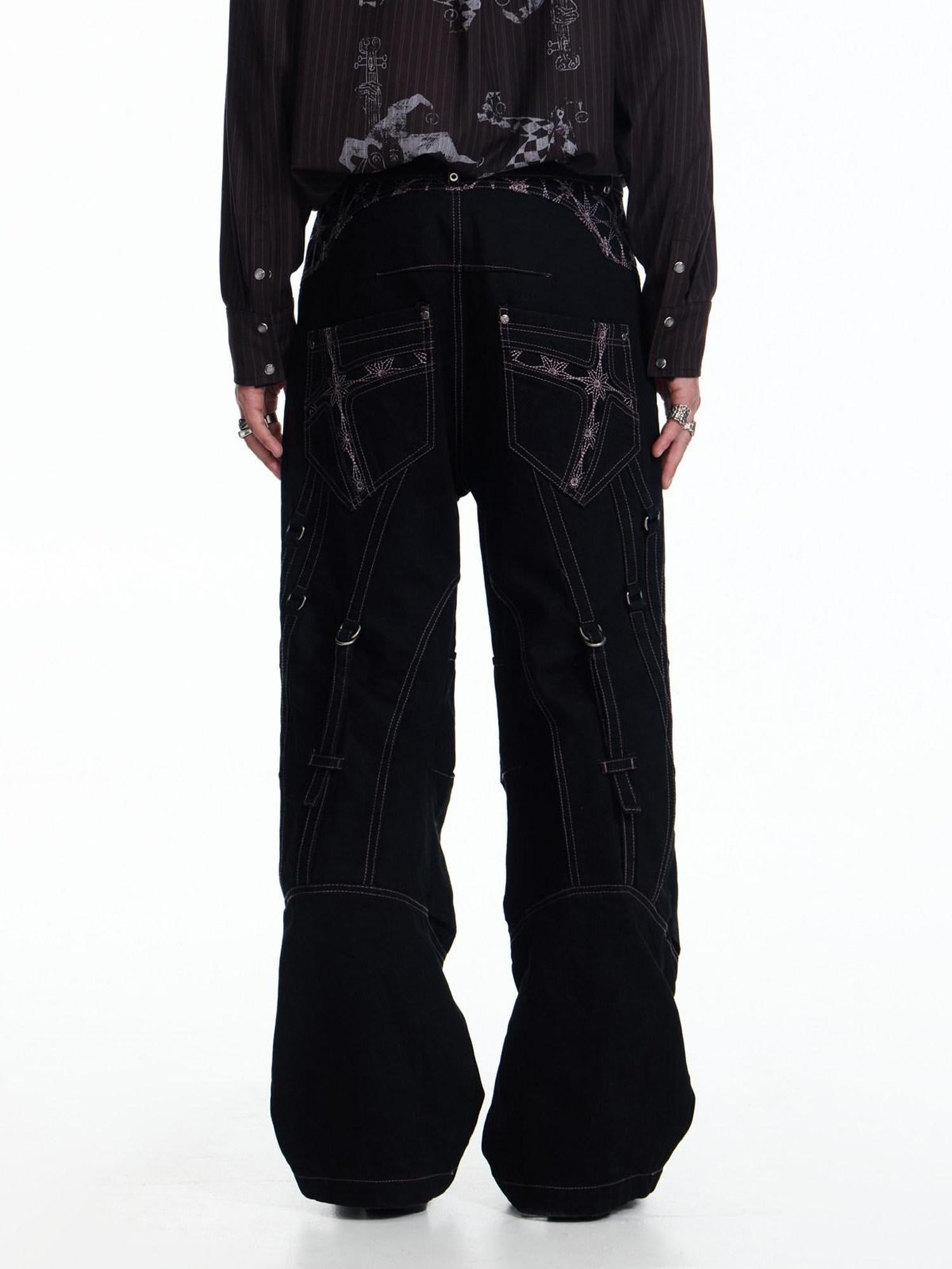 EMOBROTHER Geometric Embroidered Mid Rise Slim Fit Casual Cotton Black Straight Jeans