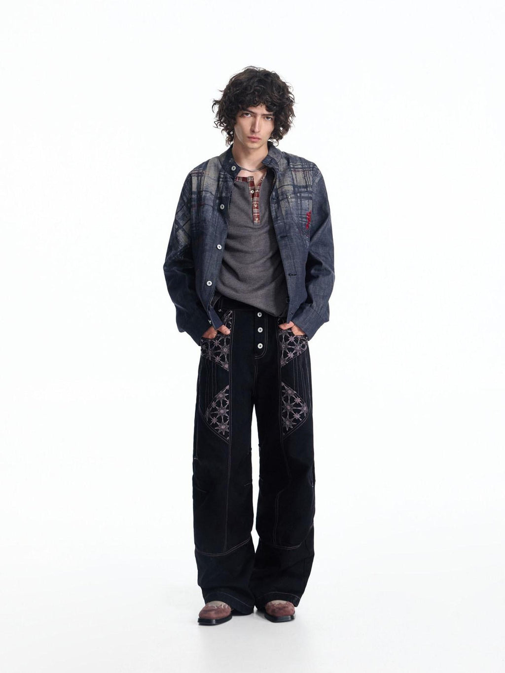 EMOBROTHER Geometric Embroidered Mid Rise Slim Fit Casual Cotton Black Straight Jeans