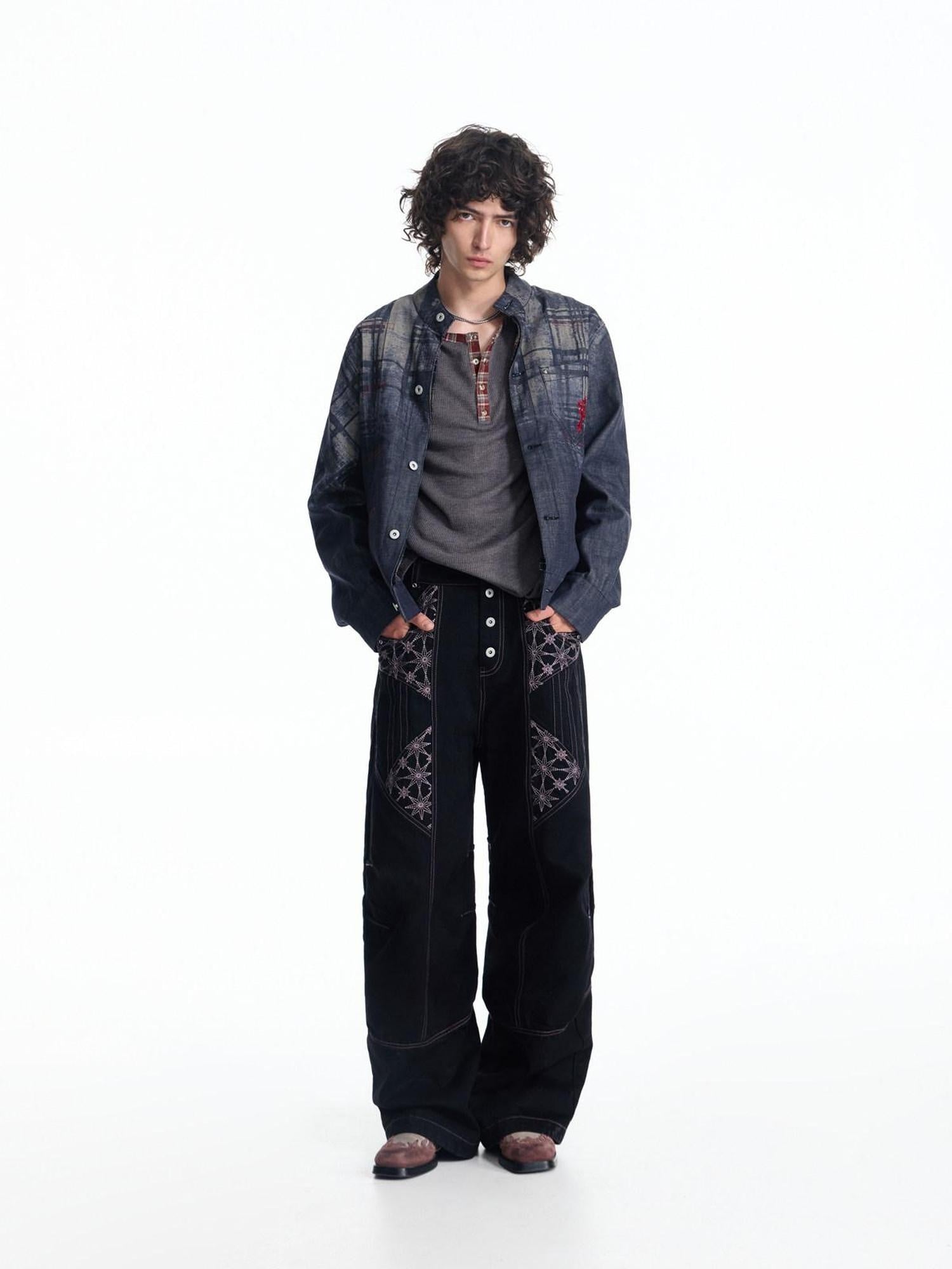 EMOBROTHER Geometric Embroidered Mid Rise Slim Fit Casual Cotton Black Straight Jeans