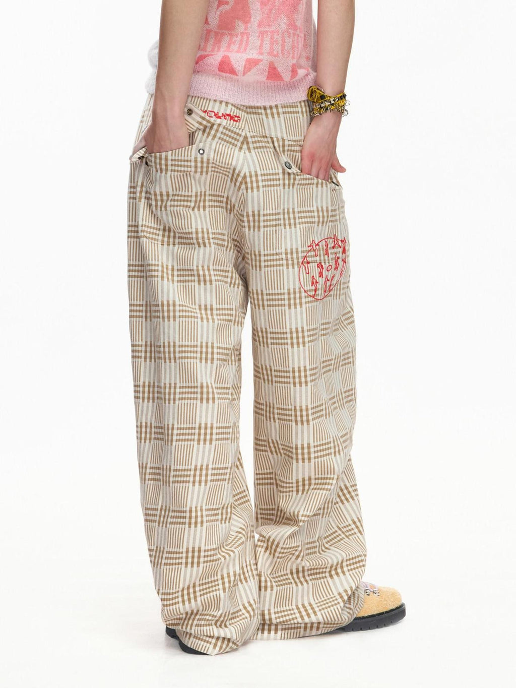 EMOBROTHER Khaki Vintage Plaid Balloon Contrast Embroidery Women's Breathable Wide-leg Pants