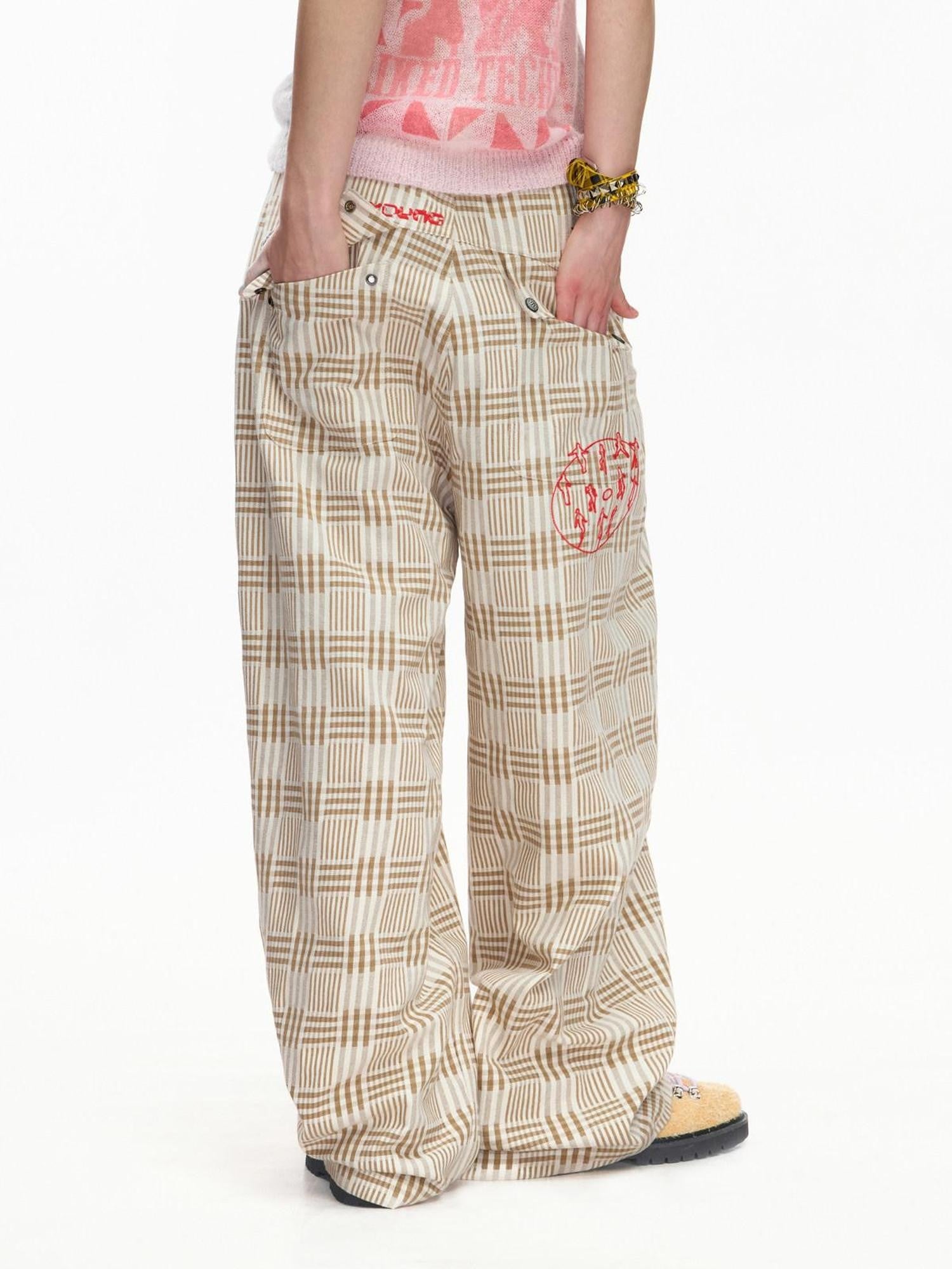 EMOBROTHER Khaki Vintage Plaid Balloon Contrast Embroidery Women's Breathable Wide-leg Pants
