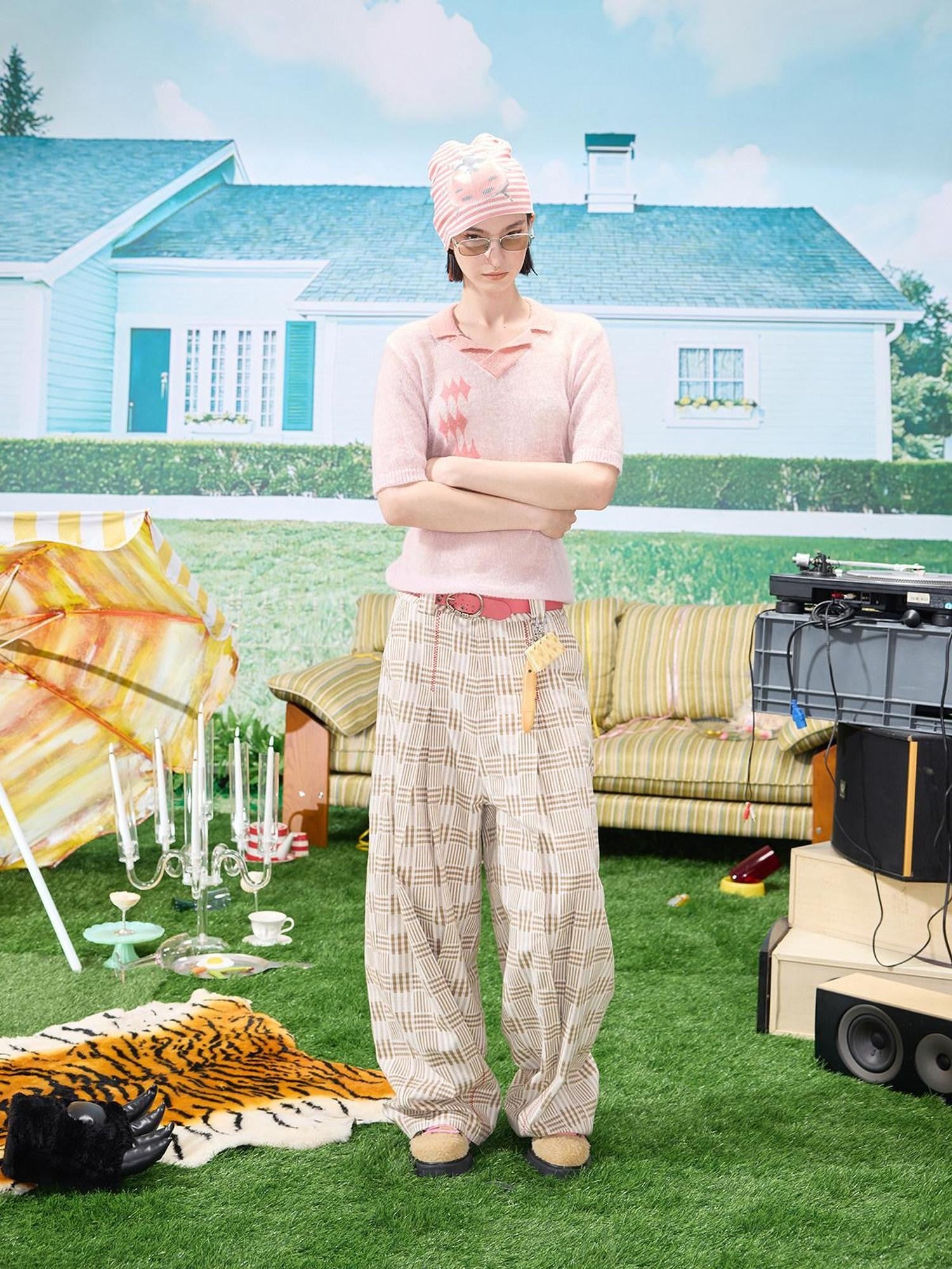 EMOBROTHER Khaki Vintage Plaid Balloon Contrast Embroidery Women's Breathable Wide-leg Pants