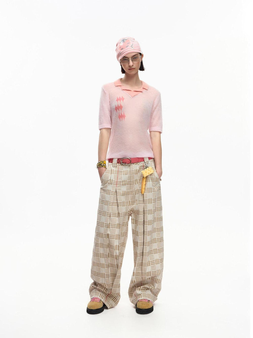 EMOBROTHER Khaki Vintage Plaid Balloon Contrast Embroidery Women's Breathable Wide-leg Pants